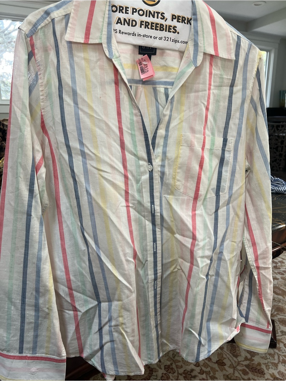 GAP White Button-Up Blouse with Multicolor Pastel Stripes